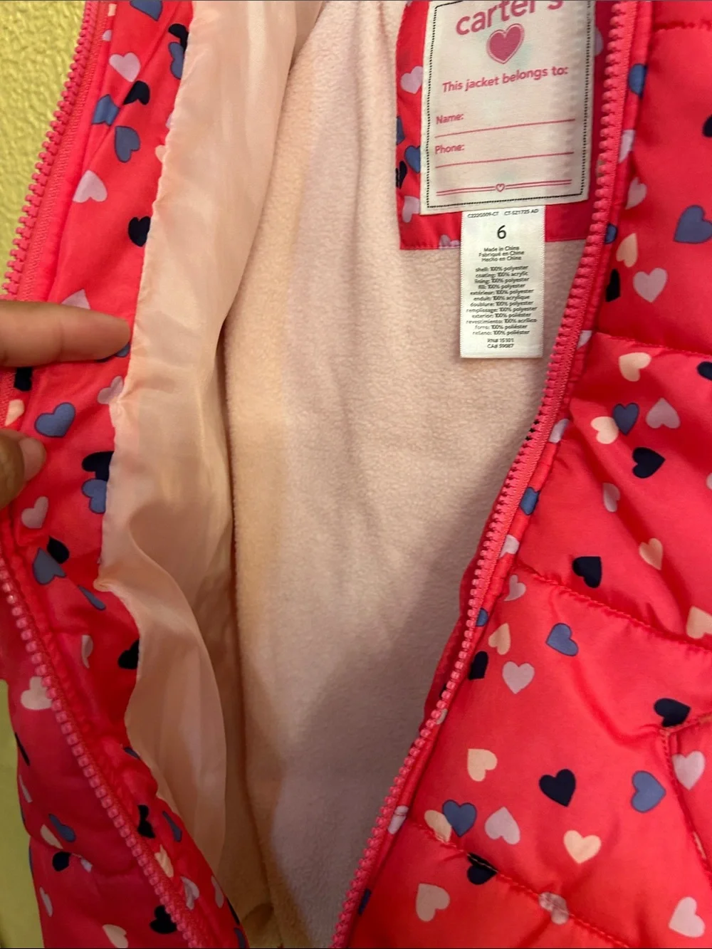 Carter's Coral Pink Puffer Jacket with Multicolor Heart Print and Hood
